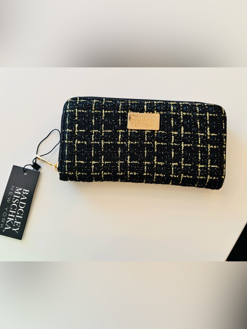 NWT Badgley Mischka Black Tweed Wallet with Gold Accents
